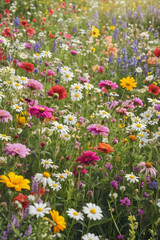 Summer Explosion: A Meadow Bathed in Colorful Blooms. Glade of flowers: Many colorful flowers blooming in a summer meadow. generative AI