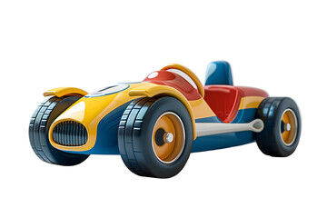 A vibrant 3D animated cartoon render of a soapbox car racing downhill. - obrazy, fototapety, plakaty
