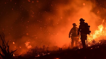 Firefighters Stand Against Wildfire, Firefighters on Duty, The Fight Against Raging Flames, The Courageous Struggle of Fire Brigades - obrazy, fototapety, plakaty