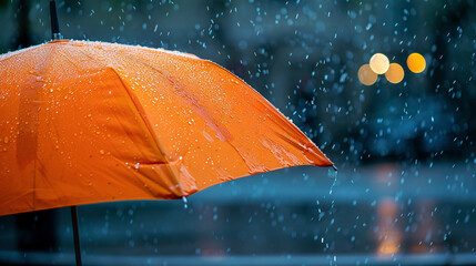 Orange umbrella among the city streets saves from heavy rain. - Powered by Adobe