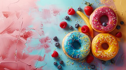 Colorful donuts with vibrant tropical fruit toppings on a painted background