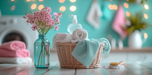 Elegant and cozy home interior composition with basket of towels, vase of flowers, and bottle of water on wooden table