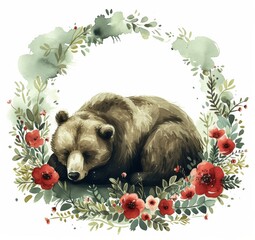 Watercolor illustration of a brown bear peacefully sleeping surrounded by vibrant red poppies in a wreath