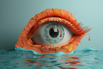 Close up of an orange eye with a tear floating in water, abstract and surreal concept art