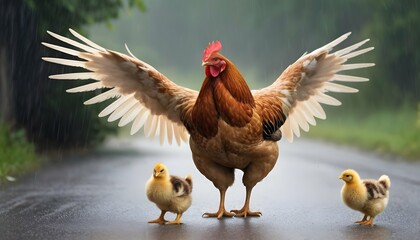 A Hen With Her Wings Spread Wide Shielding Her Ch - obrazy, fototapety, plakaty