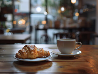 Fresh croissant and cappuccino on the table in cafe
