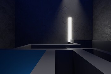 Interior dark room, hangar with concentrate wall and floor, fog and mist environment. 3d render. 