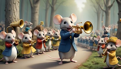A Mouse With A Trumpet Leading A Woodland Parade