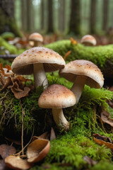 Forest Floor Mushrooms with Moss and Fallen Leaves. generative AI