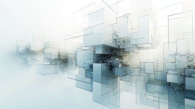 A digitally generated image showcasing a complex array of semi-transparent cubes in a white void, conveying concepts of data, network, and virtual architecture