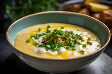 Creamy Potato and cheddar soup in a bowl. Generated AI