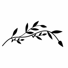 Black silhouette leaf plant line drawing isolated on white background.