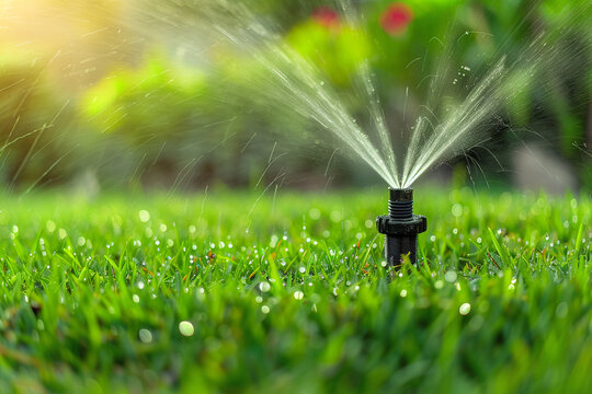 Close-up photo of water sprinkler that is on the lawn and working.