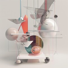 This image features a complex arrangement of geometric shapes and reflective spheres in a muted palette, creating a visually engaging abstract composition suitable for modern designs.