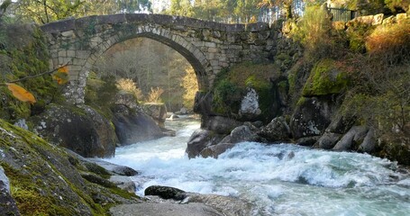 Fototapeta na wymiar Puente medieval sobre el río Almofrei en Cerdedo-Cotobade, Galicia