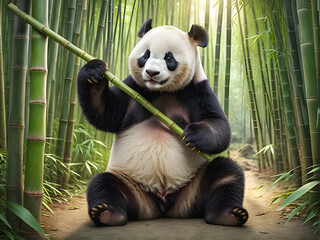 Panda in the Bamboo Forest: Fluffy panda hugging a bamboo stick. generative AI
