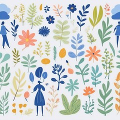A collection of seamless pattern, colorful abstract plants and flowers. Hand drawn Collection of leaves and flowers. A close up of a pattern of flowers and leaves.
