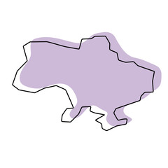 Ukraine country simplified map. Violet silhouette with thin black smooth contour outline isolated on white background. Simple vector icon