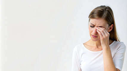 Unwell woman, expressing headache, pain and cry