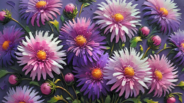 aster flowers painted with oil paints
