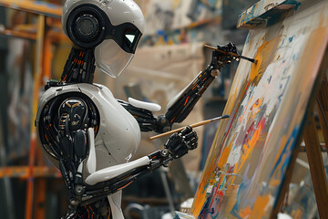 Obraz premium Cyborg artwork in art studio. Generative Art AI (Artificial Intelligence) replacing artist. Concept art illustration. Unemployed artists due to AI.