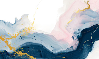 Watercolor background with marble texture, gold lines and splashes of color with transparent background