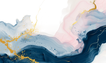 Watercolor background with marble texture, gold lines and splashes of color with transparent background