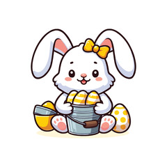 cute bunny with bucket of eggs cartoon vector icon illustration concept