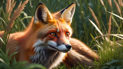 Fototapeta premium Curious Encounter: Red Fox Peeking from Tall Grass. generative AI