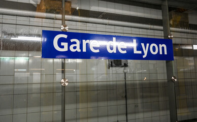 Paris, France, June 30, 2022. Shot at the Gare de Lyon metro station, the sign with a blue background with white writing.
