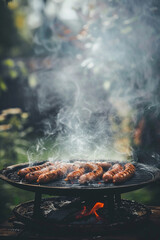 Sausages fried with spices and herbs, Selective focus