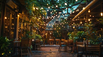 Fototapeta na wymiar A cozy outdoor patio at a charming food restaurant, adorned with twinkling string lights and lush greenery, where diners can enjoy al fresco dining and savor delicious meals in a serene atmosphere.