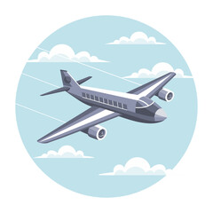 The plane flies in the sky between the clouds. Time for travel and vacation. Illustration, vector	