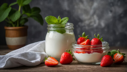 jar of yogurt with strawberries and mint in the kitchen