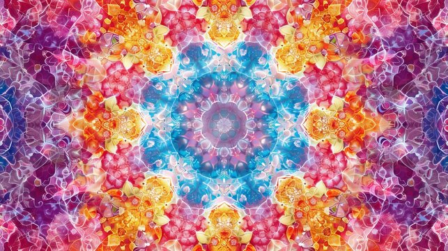 
This abstract kaleidoscope background showcases a beautiful and intricate multicolor texture, reminiscent of a mesmerizing kaleidoscope pattern. 