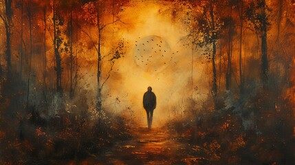 Atmospheric scene of a lone figure walking towards the sun on a path through an autumn forest, birds flying in the distance