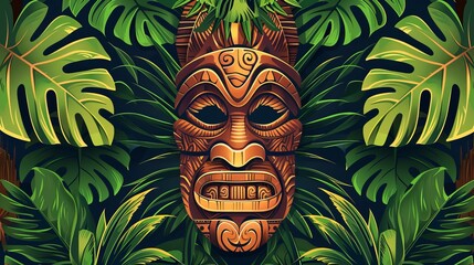 
In this vibrant vector illustration, a traditional Tiki mask with a human face emerges from the lush green leaves of tropical plants.  - obrazy, fototapety, plakaty