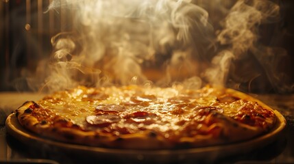 A dramatic image of a pizza being pulled out of the oven, showcasing the steam rising from the hot,...