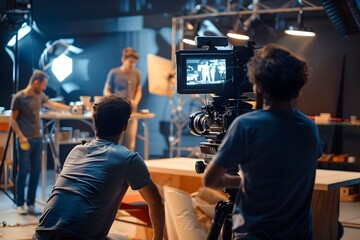 Film crew working together in a studio on a TV commercial with a director overseeing the production. Concept TV Commercial Production, Studio Setting, Film Crew Collaboration, Director Supervision