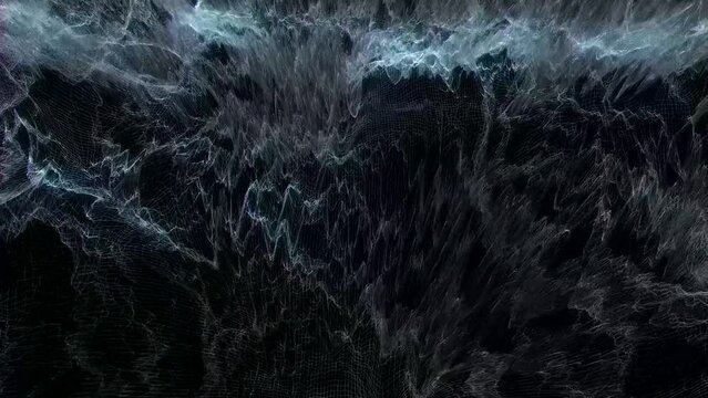 Abstract background with lines as spikes and peaks. Audio spectrum wave simulation in wireframe glowing and in loop. Seamless loop of wireframe waves animation