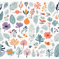 Fototapeta premium A collection of seamless pattern, colorful abstract plants and flowers. Hand drawn Collection of leaves and flowers. A close up of a pattern of flowers and leaves. 