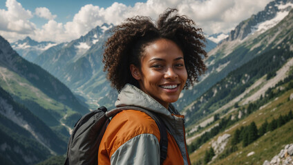 Ragazza di origini africane sorride felice durante una vacanza mentre cammina in un trekking estivo in montagna su un sentiero delle  Alpi  - obrazy, fototapety, plakaty