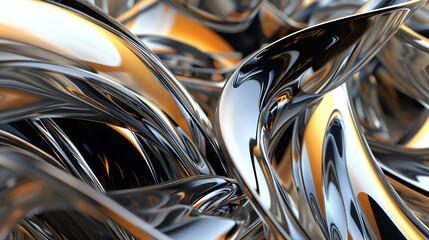 3D rendering of intertwined metallic shapes. Abstract background with smooth reflective surfaces.