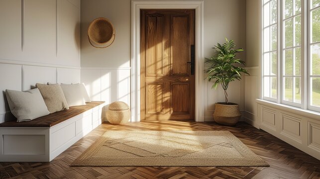 A sleek entry corridor with herringbone wooden flooring, a built-in bench with cushions, sunlight streaming through large windows, and a serene vibe.