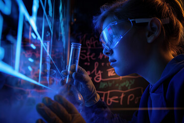 Scientist Examining Chemical Reactions in Vibrant Neon-Colored Laboratory