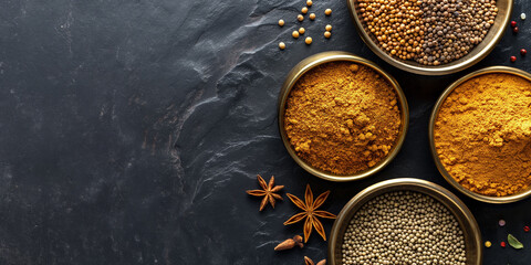 Assorted Ground Spices and Whole Seeds on Dark Slate Background, banner with copy space