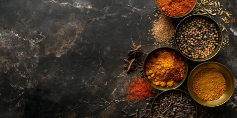 Assorted Spices on Dark Background for Gourmet Cooking and Flavor Enhancement, banner with copy space