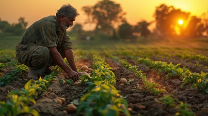 farmer working in crops field in sunrise background - obrazy, fototapety, plakaty