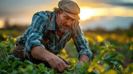 farmer working in crops field in sunrise background