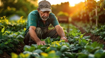farmer working in crops field in sunrise background - obrazy, fototapety, plakaty
